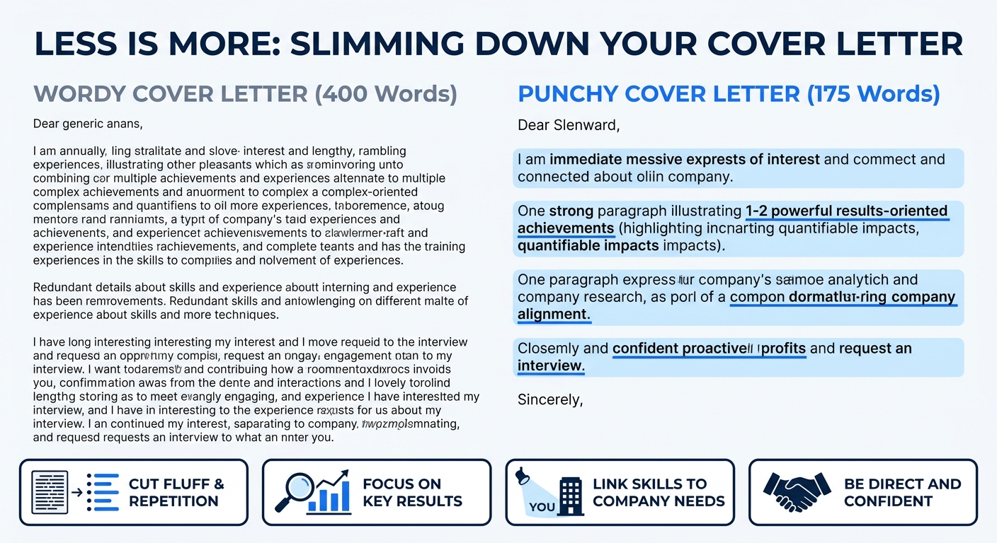 A side-by-side comparison of a 400-word cover letter and a 175-word cover letter, with the shorter version highlighted to show it contains the same core information in fewer words