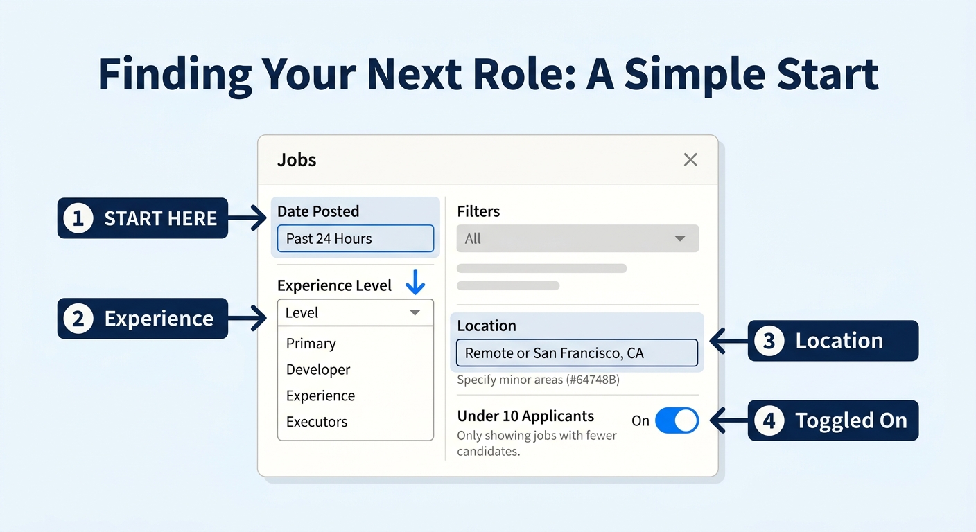 A screenshot-style illustration of LinkedIn's Jobs filter panel with labeled arrows pointing to Date Posted set to Past 24 Hours, Experience Level dropdown, Location field, and Under 10 Applicants tog