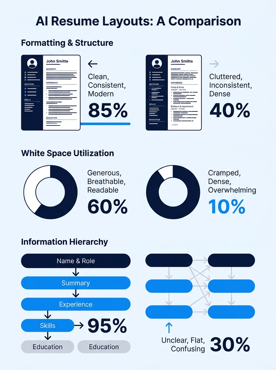 Side-by-side comparison of AI-generated resume layouts showing differences in formatting, white space, and information hierarchy