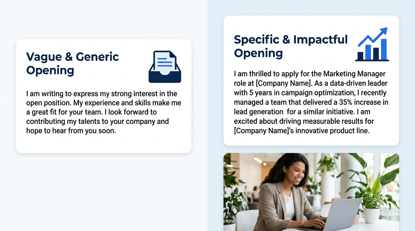 A side-by-side comparison showing a weak cover letter opening paragraph on the left with vague generic language versus a strong opening paragraph on the right featuring a specific job title, company n