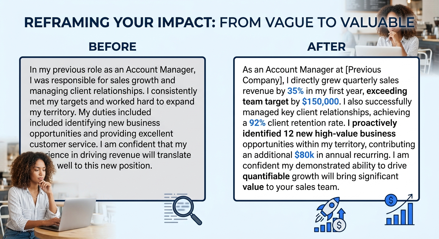 a side-by-side comparison showing a generic cover letter body paragraph on the left labeled "Before" with vague phrases like "responsible for sales growth" and a rewritten version on the right labeled