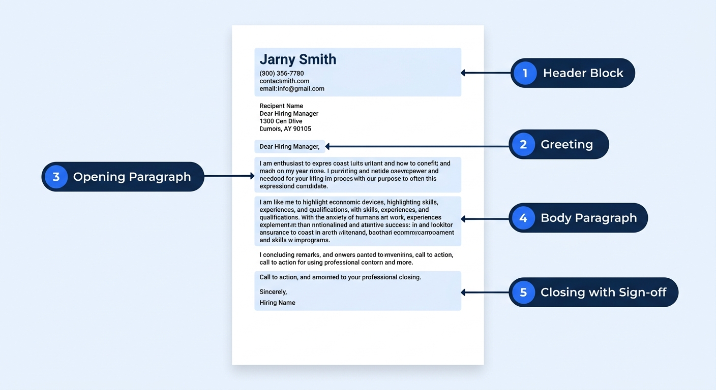 A clean, formatted cover letter printed on white paper with labeled callouts pointing to the five structural sections: header block, greeting, opening paragraph, body paragraph, and closing with sign-