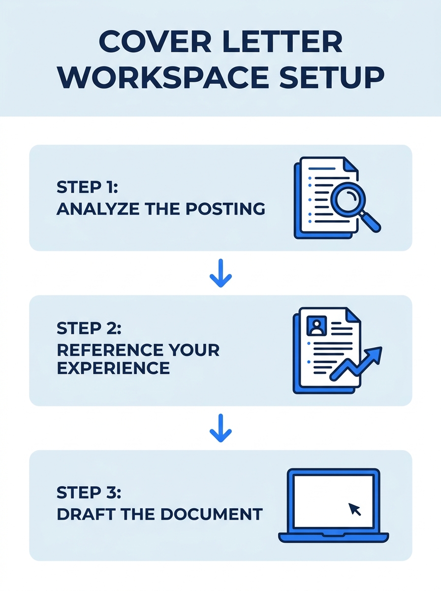 A clean workspace showing a laptop with a blank document open, a printed job posting beside it, and a resume on the other side, organized and ready for cover letter writing
