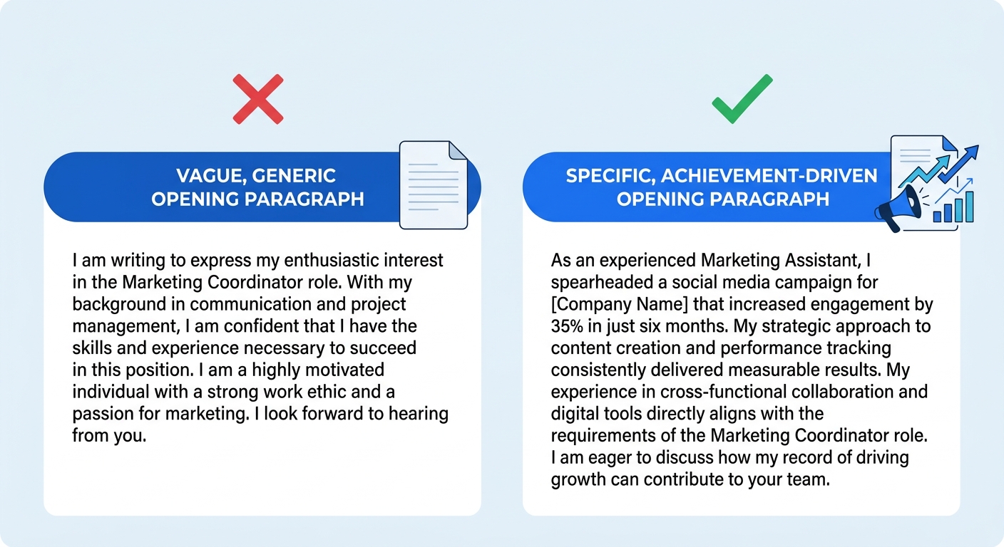 A side-by-side comparison showing a vague, generic cover letter opening paragraph on the left marked with a red X, versus a specific, achievement-driven opening paragraph on the right marked with a gr