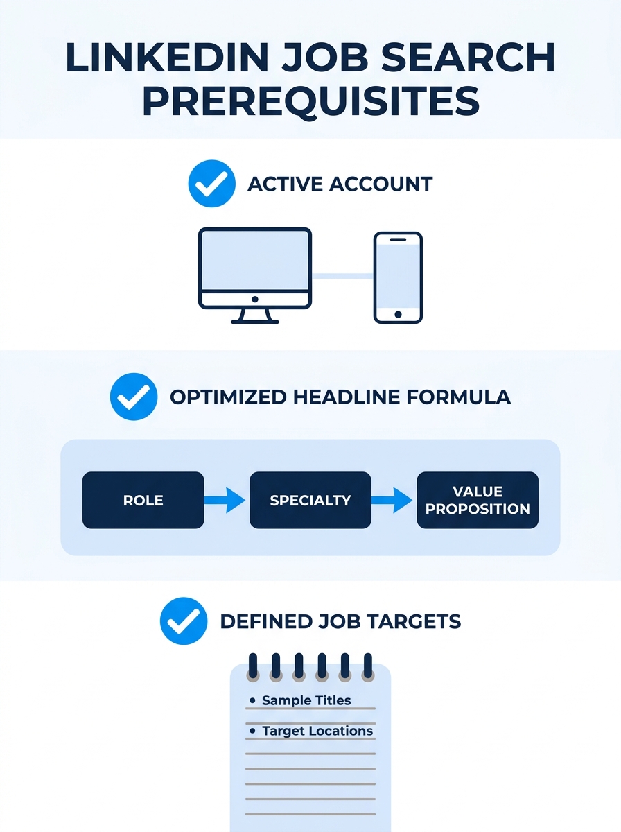 A checklist-style infographic showing three prerequisites for LinkedIn job searching, a LinkedIn account with mobile and desktop icons, a profile card with the headline formula Role-Specialty-Value Pr
