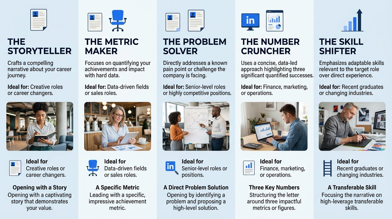 An infographic comparing five cover letter formats in a horizontal layout, each showing the format name, a one-sentence description, ideal use case, and the key structural element like opening with a