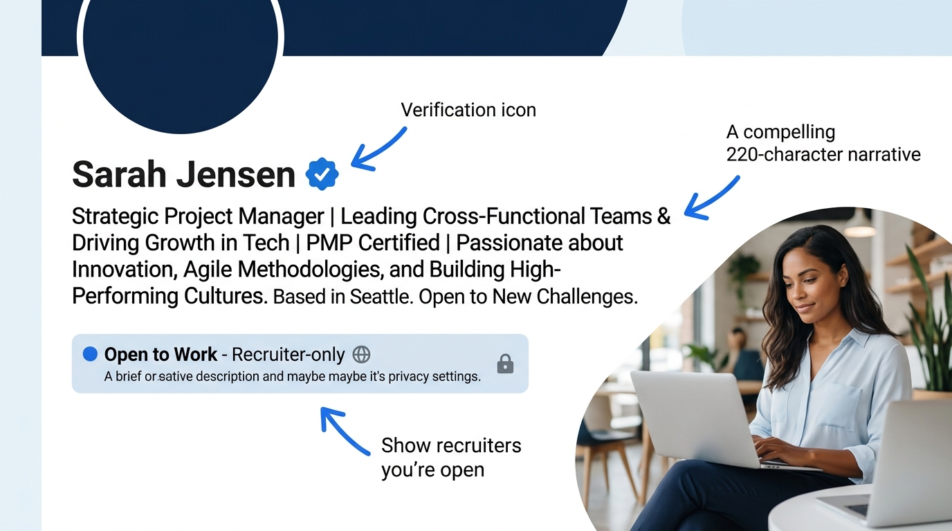 screenshot-style illustration of a LinkedIn profile header showing the verification badge next to the user's name, with arrows pointing to the "Open to Work" recruiter-only indicator and the 220-chara