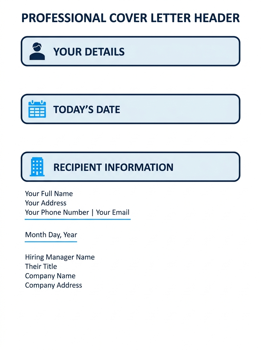 A clean, professional cover letter header layout showing name, contact details, date, and employer information arranged in a left-justified format with one-inch margins and 11pt Calibri font