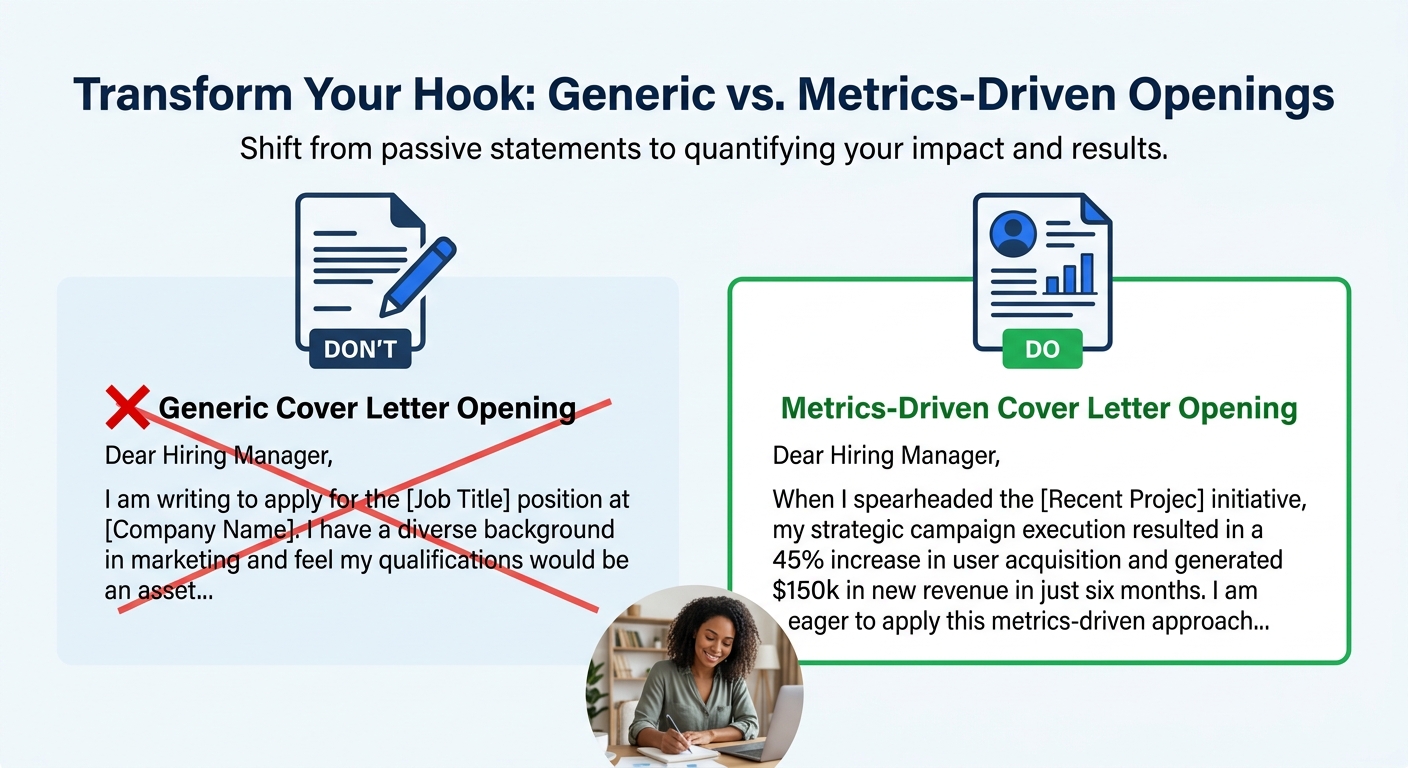 side-by-side comparison of a generic cover letter opening versus a metrics-driven opening, with the generic version crossed out in red and the metrics-driven version highlighted in green