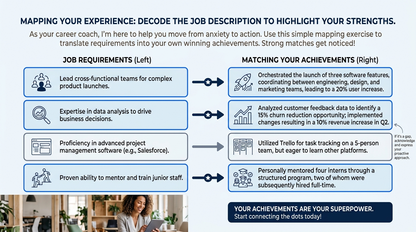 An infographic showing a two-column mapping process with job requirements on the left connected by arrows to matching candidate achievements on the right, with four example rows filled in and color co