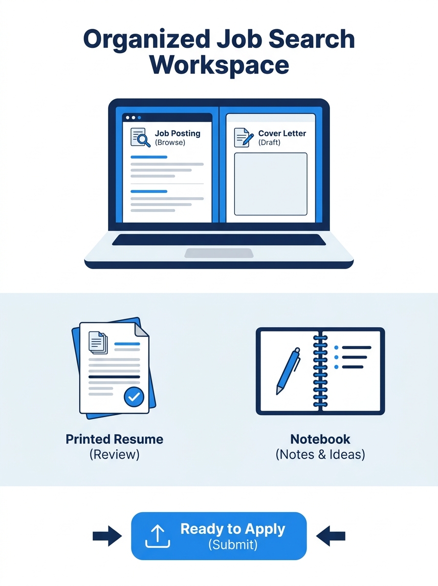 An organized workspace showing a laptop screen with a job posting on one side and a blank cover letter document on the other, with a printed resume and notebook nearby