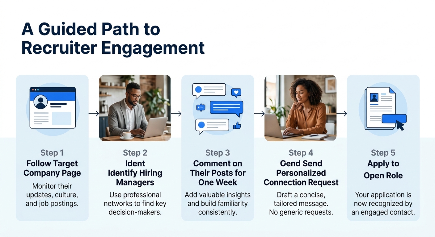 A flowchart showing the recruiter outreach and engagement process with five connected steps: follow target company page, identify hiring managers, comment on their posts for one week, send personalize