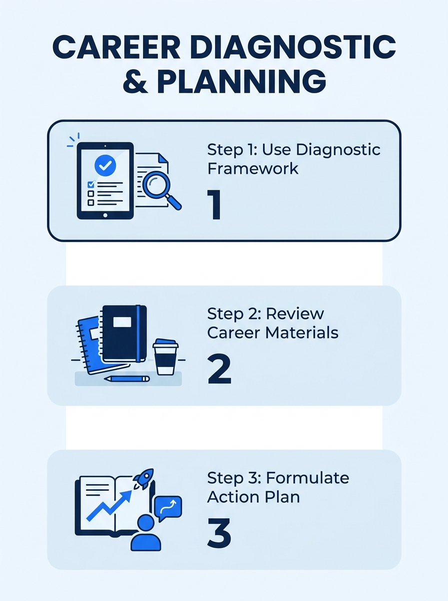 Professional reviewing diagnostic framework checklist at desk with career planning materials