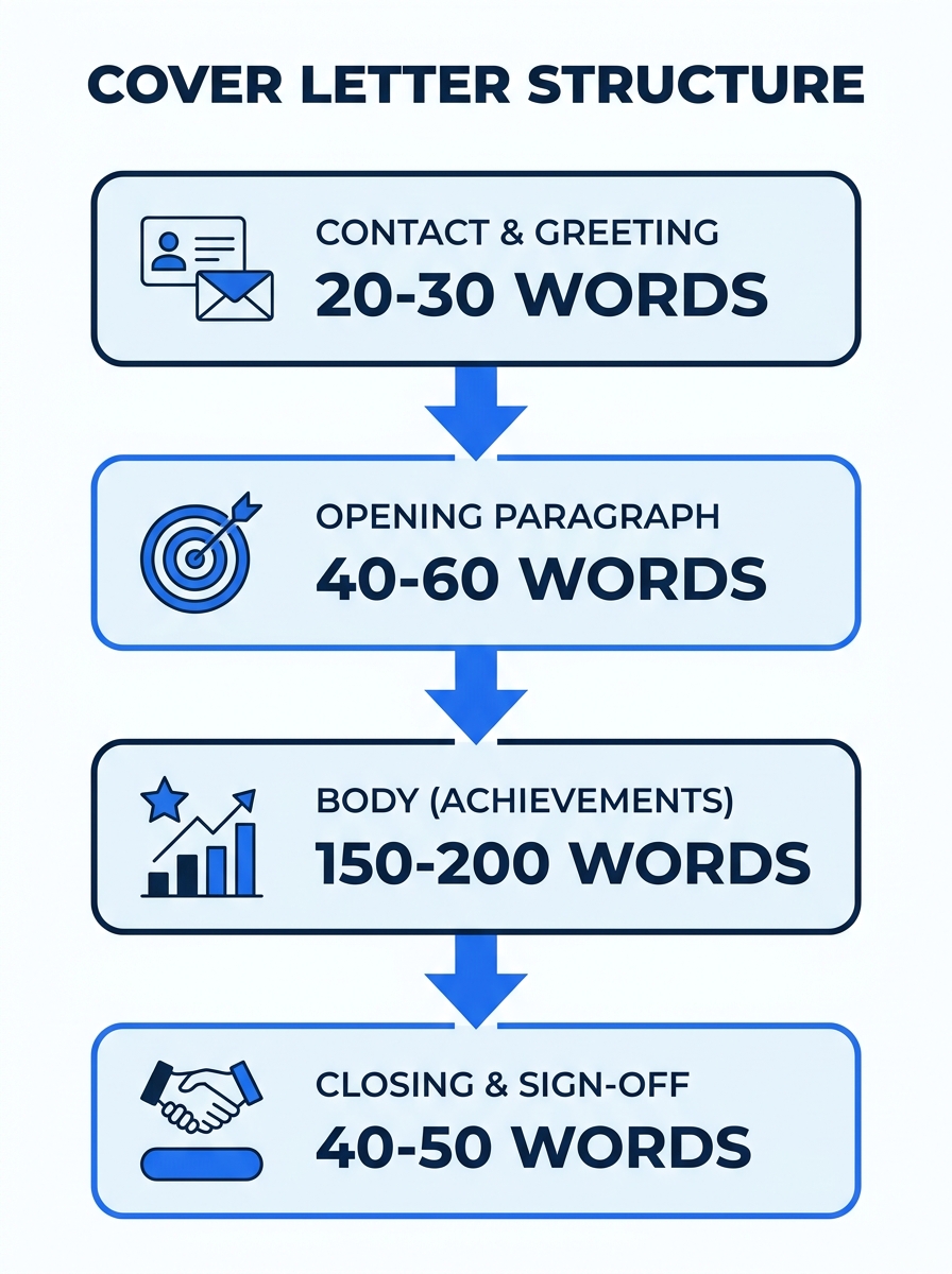 infographic showing the anatomy of a cover letter with labeled sections - header with contact info, greeting line, opening paragraph, body paragraph with achievements, closing paragraph with call to a