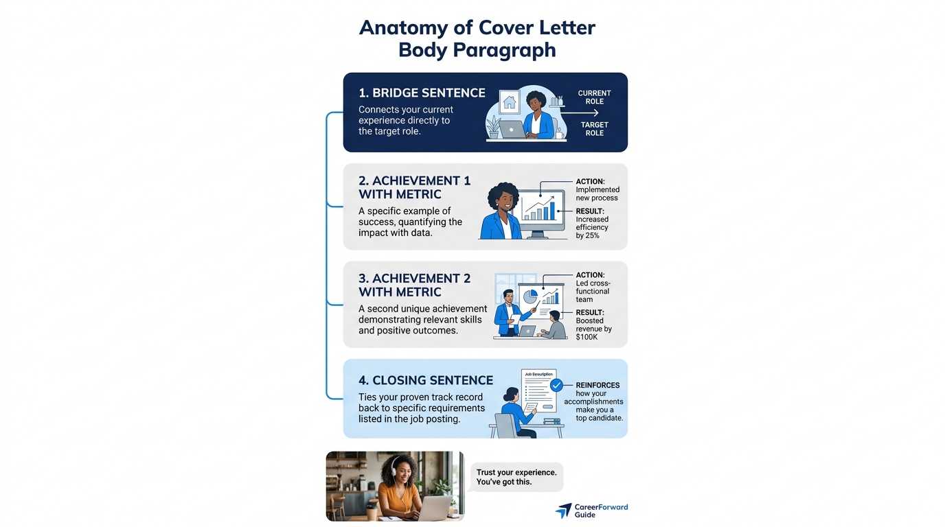 An infographic showing the anatomy of a cover letter body paragraph, four labeled sections in a vertical flow: bridge sentence connecting current role to target, achievement 1 with metric, achievement