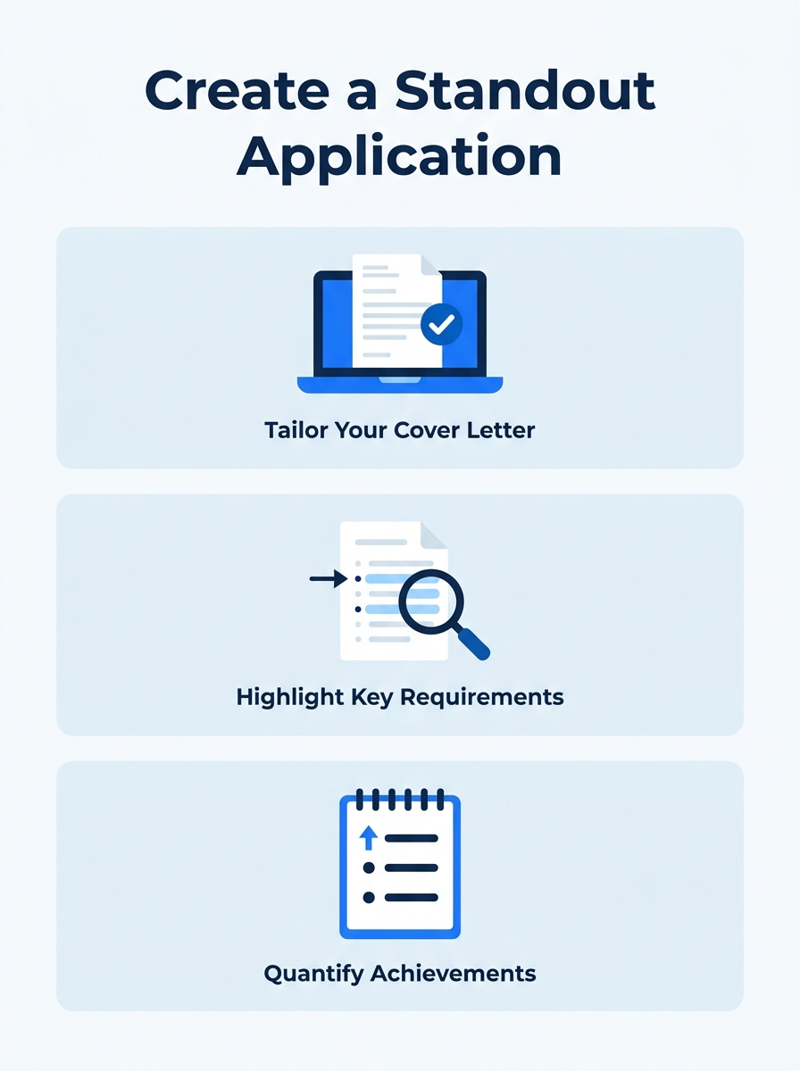 A clean workspace showing a laptop with a cover letter template open, a printed job posting beside it, and a notepad with bullet-pointed accomplishments written in pen