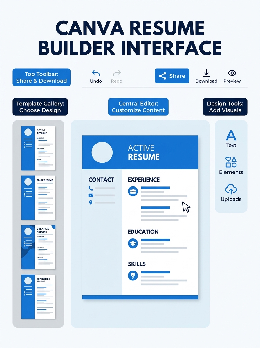 a clean screenshot-style illustration showing the Canva resume builder interface with template gallery on the left, a resume being edited in the center canvas, and a toolbar at the top with design ele