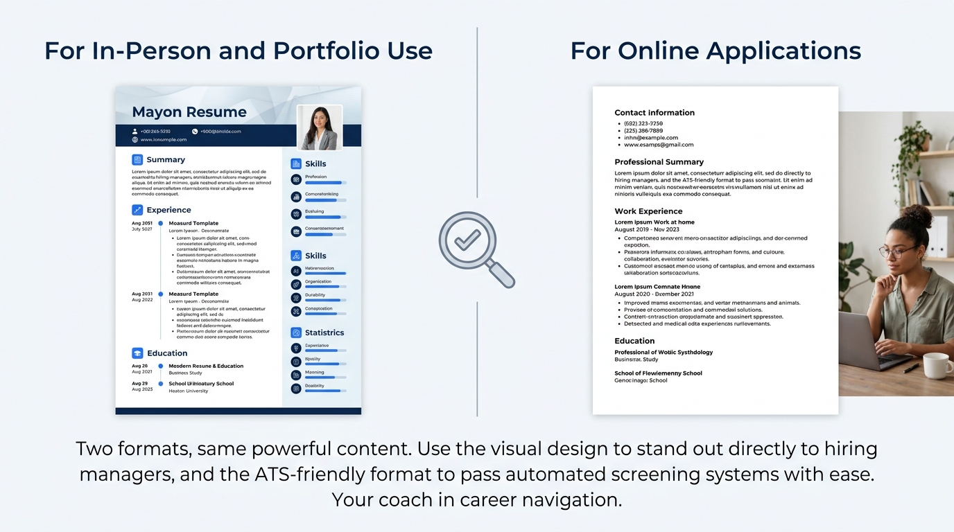 a side-by-side comparison showing the same resume content in two formats - left side showing a visually designed Canva resume with colors and graphics labeled "For In-Person and Portfolio Use", right