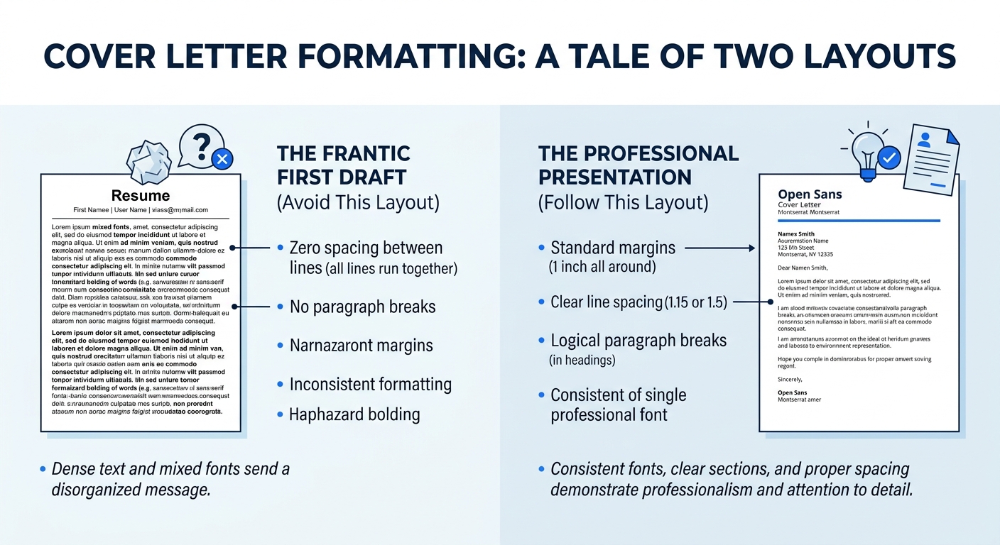 Side-by-side comparison showing a poorly formatted cover letter on the left with inconsistent fonts, dense text, and no spacing versus a clean, well-formatted cover letter on the right with proper mar