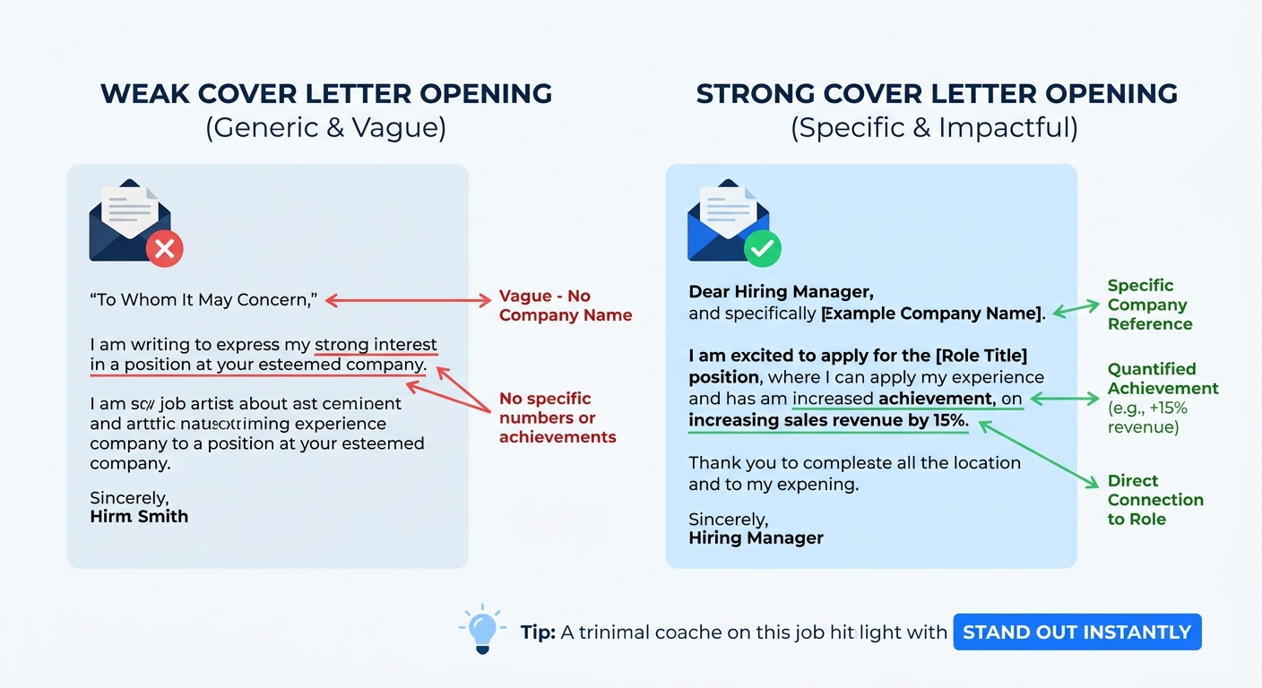 A before-and-after comparison showing a weak cover letter opening paragraph on the left (vague, generic, no company name, no numbers) versus a strong opening paragraph on the right (specific company r