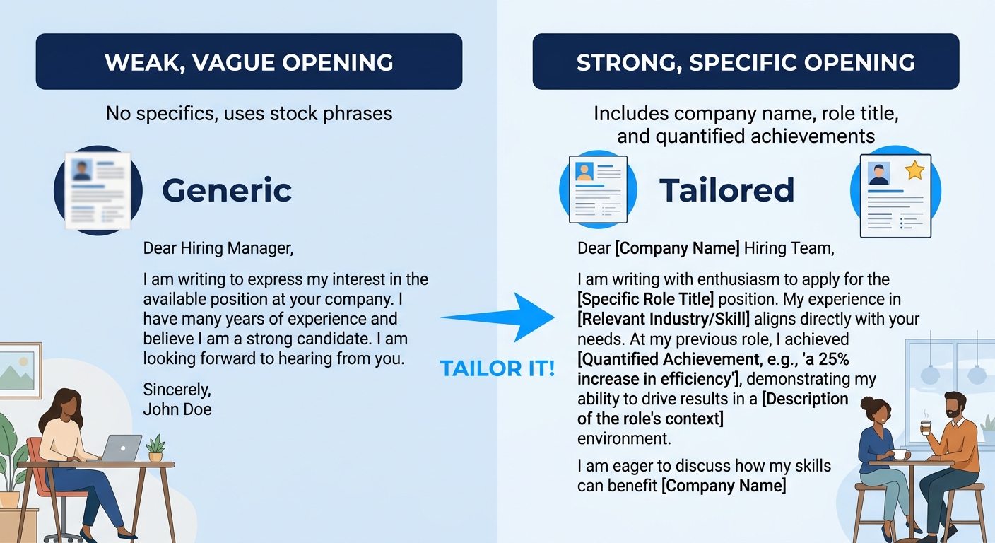A side-by-side comparison showing a weak cover letter opening paragraph on the left labeled "Generic" with no specifics, and a strong opening on the right labeled "Tailored" with the company name, spe