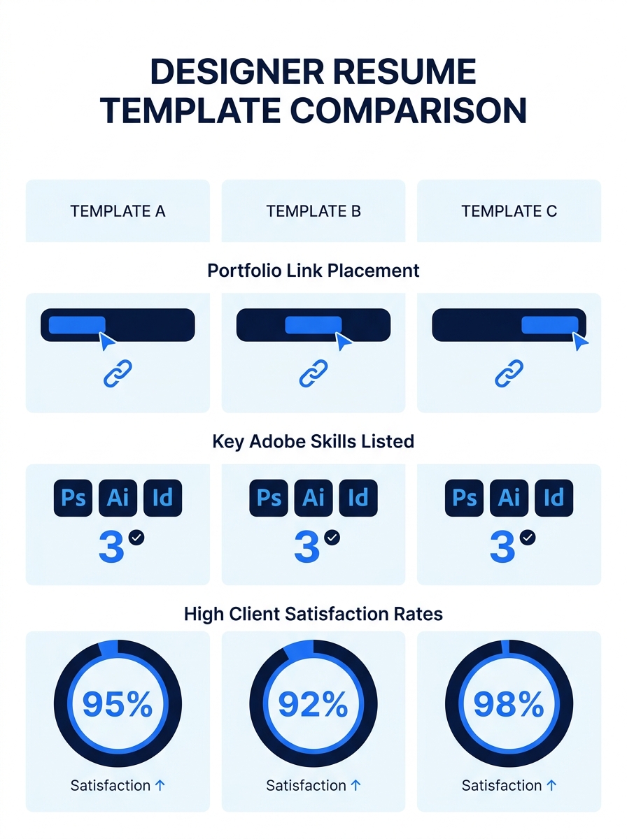 Side-by-side comparison of three graphic designer resume templates showing portfolio link placement in header, skills section with specific Adobe tools listed, and achievement bullets with client sati