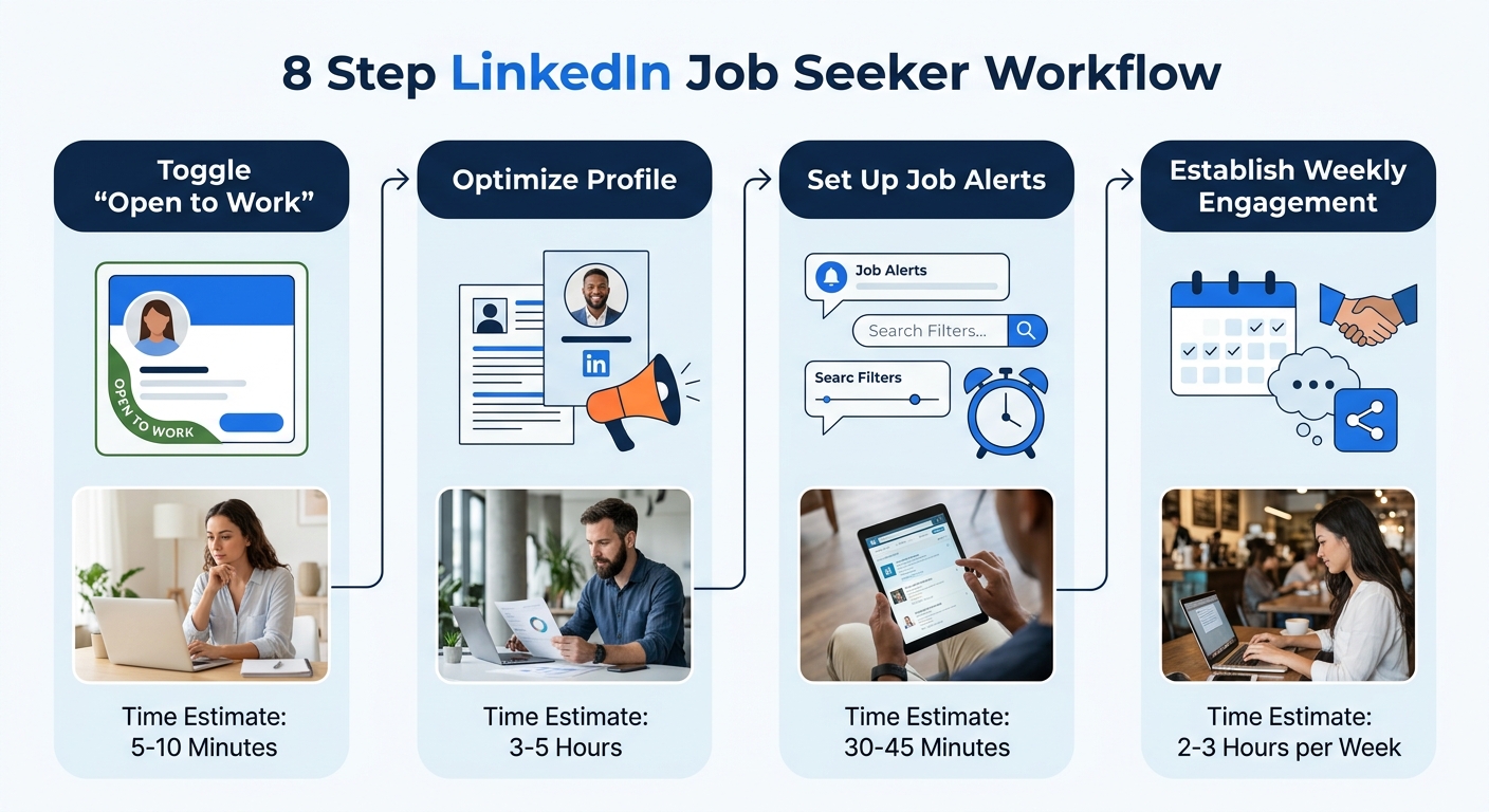 flowchart showing the 8-step LinkedIn job seeker workflow, from toggling Open to Work through profile optimization, job alerts setup, weekly engagement, and targeted outreach, with time estimates for