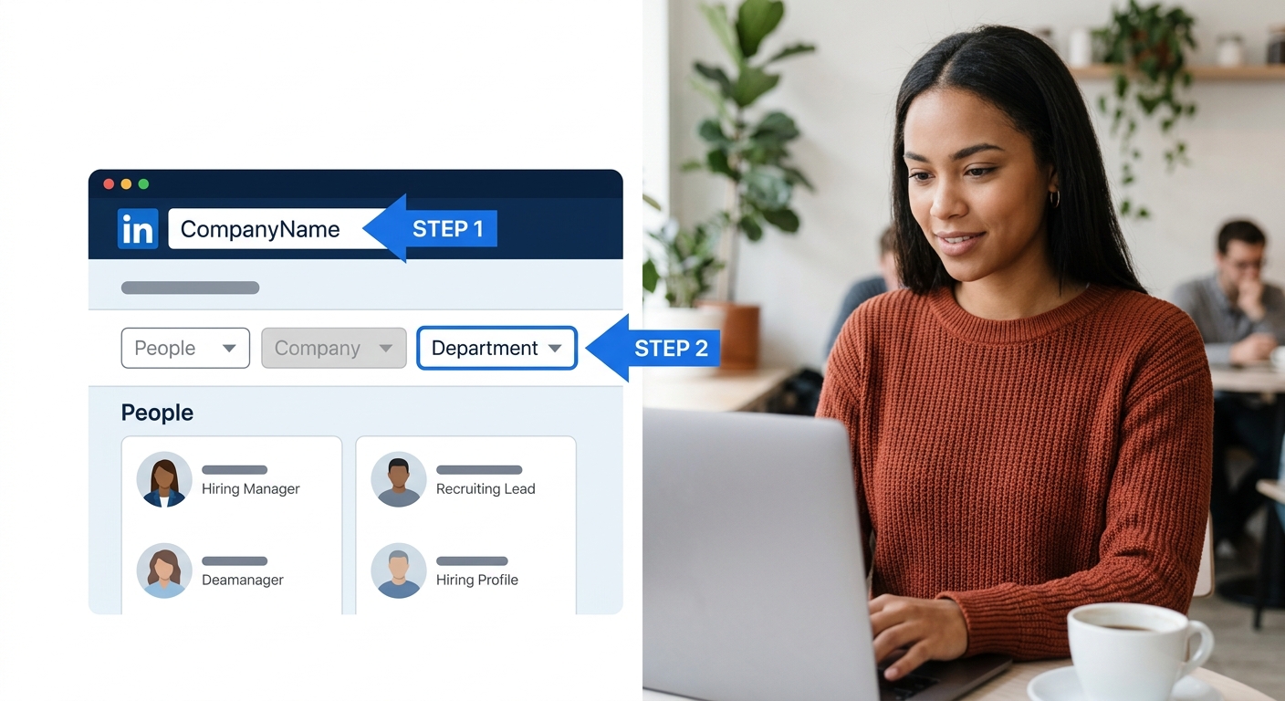 A simple visual showing a LinkedIn search interface with arrows pointing to how to find a hiring manager's name by searching the company name and filtering by department