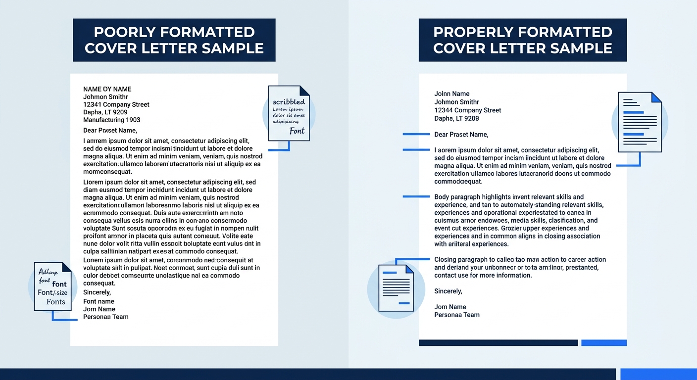 A side-by-side comparison of a poorly formatted cover letter on the left with inconsistent fonts, no clear paragraph breaks, and cramped margins, versus a properly formatted letter sample cover on the