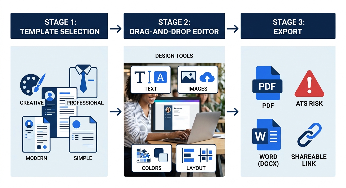 an infographic showing the three layers of Canva's resume building process - Layer 1 Template Selection with icons for categories, Layer 2 Drag-and-Drop Editor with design tools, Layer 3 Export with P