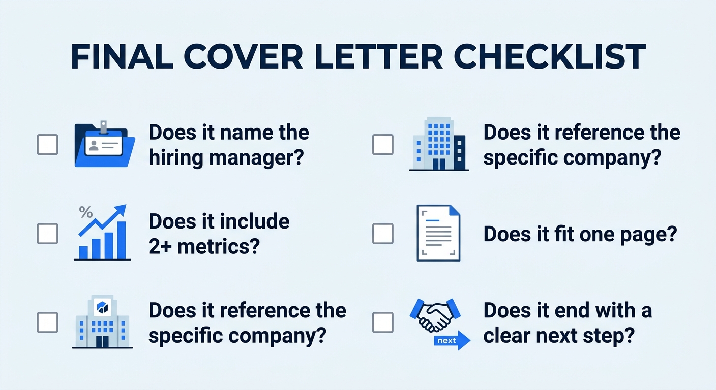a checklist-style visual showing five verification questions for cover letters, Does it name the hiring manager? Does it include 2+ metrics? Does it reference the specific company? Does it fit one pag
