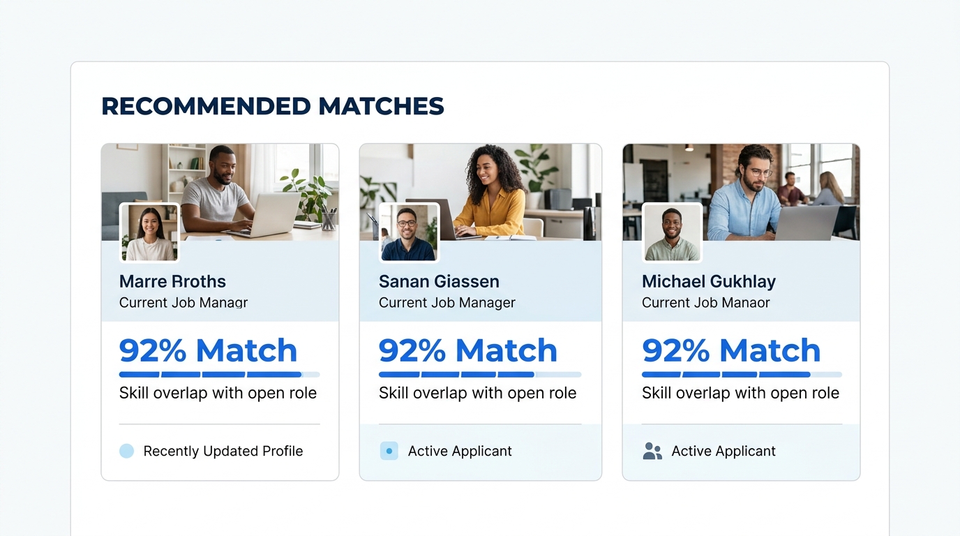 Screenshot-style illustration of a LinkedIn Recruiter interface showing a Recommended Matches panel with three candidate cards, each displaying match-percentage scores, skill overlap indicators, and a