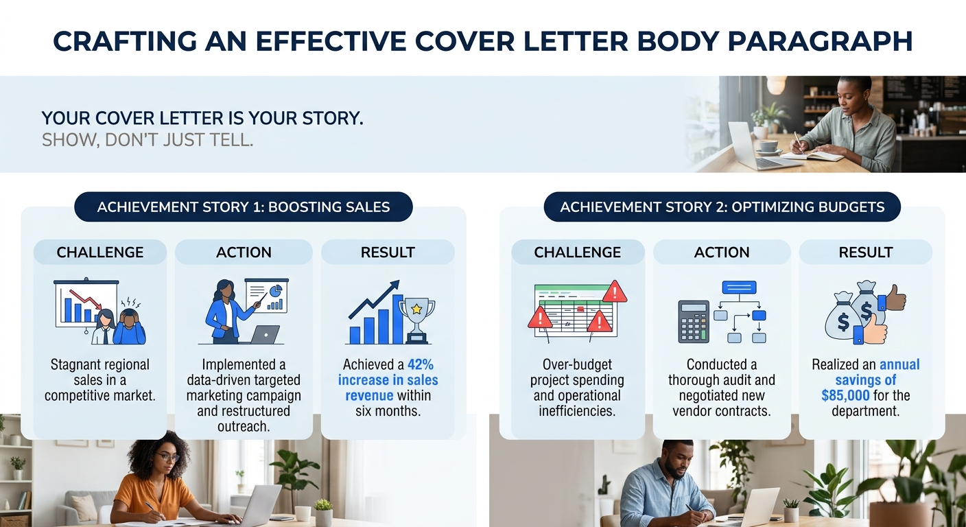 An infographic showing the anatomy of a cover letter body paragraph, with two achievement stories broken into three labeled parts each: Challenge, Action, and Result, with example metrics like 42% and