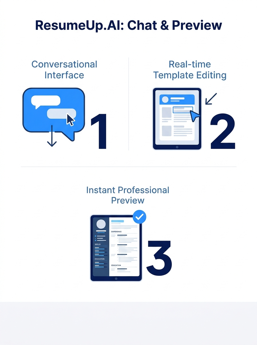 ResumeUp.AI conversational resume builder interface showing real-time chat editing and template preview side by side