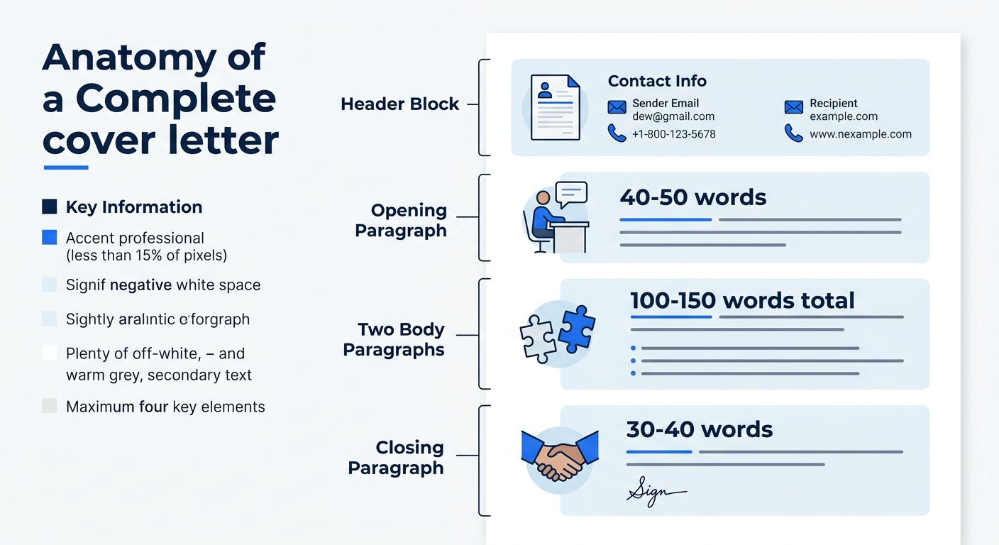 Infographic showing the anatomy of a complete template cover letter with labeled sections - header block, opening paragraph, two body paragraphs, and closing paragraph - with word count targets for ea