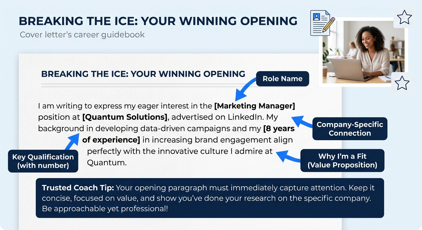 annotated screenshot of a cover letter opening paragraph with labeled arrows pointing to each element, role name, key qualification with number, and company-specific connection