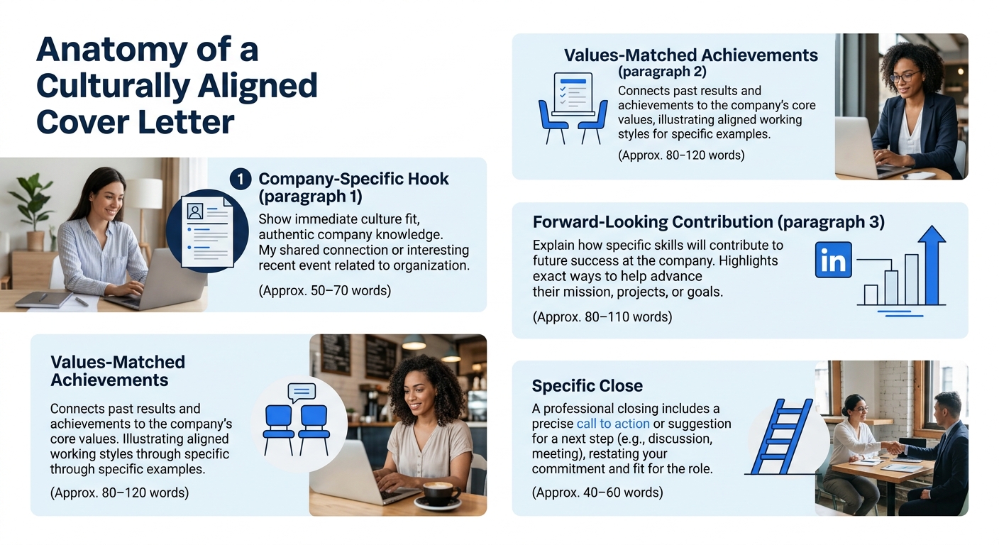 An infographic showing the anatomy of a culturally aligned cover letter with four labeled sections: Company-Specific Hook (paragraph 1), Values-Matched Achievements (paragraph 2), Forward-Looking Cont