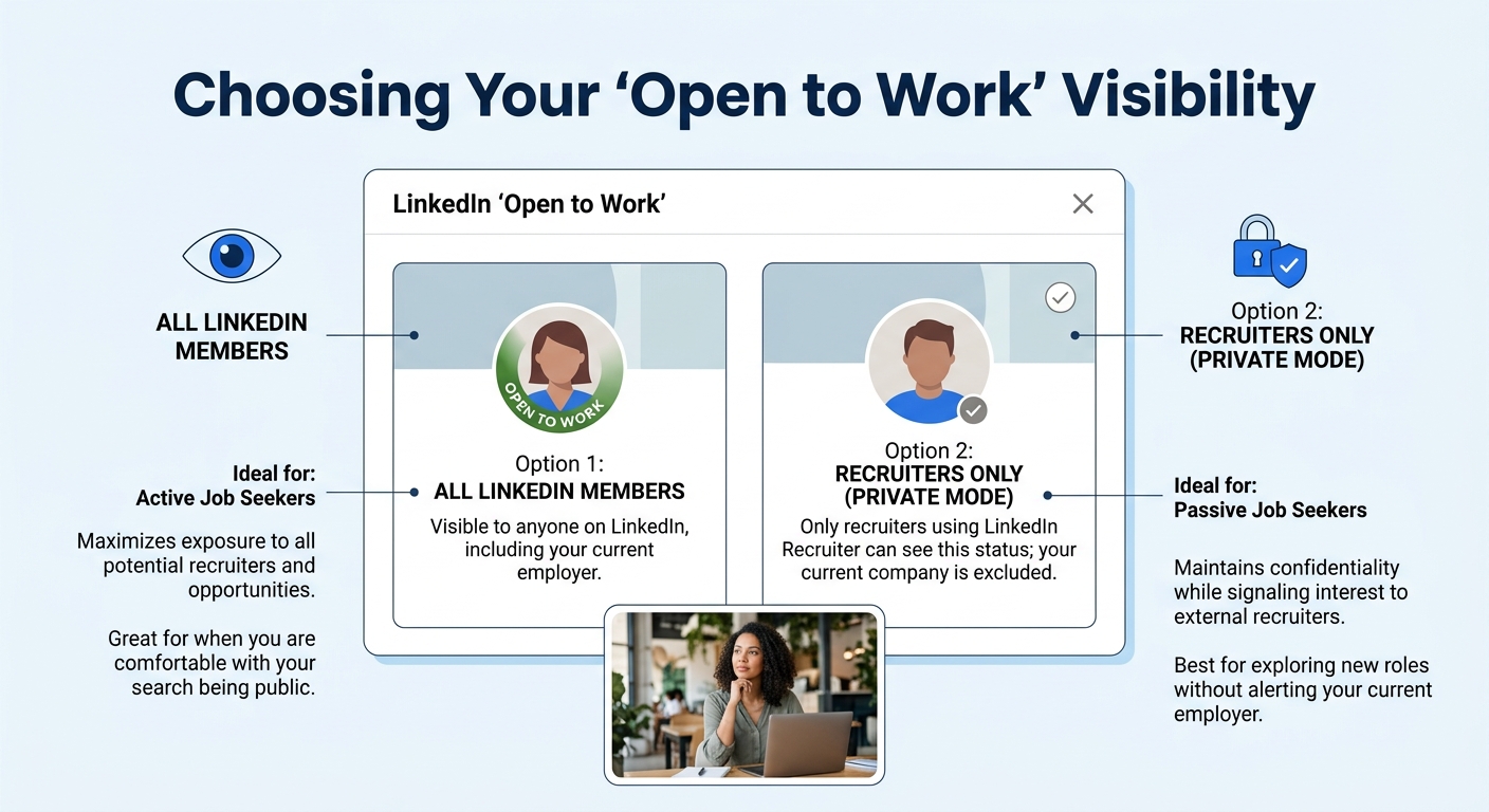 A screenshot-style illustration showing the LinkedIn Open to Work settings panel with the two visibility options, All LinkedIn members with the green photo banner versus Recruiters only private mode,