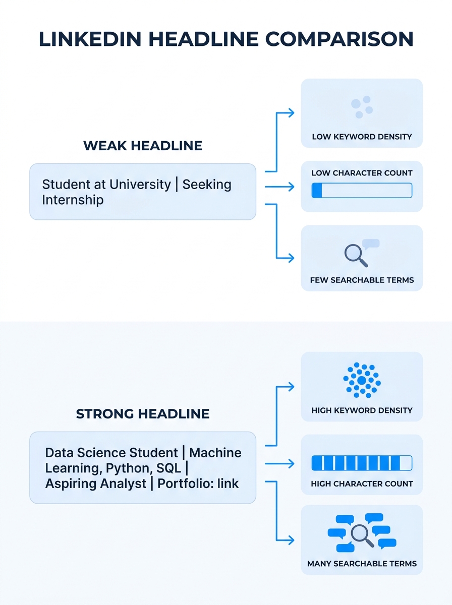 infographic showing a side-by-side comparison of a weak LinkedIn headline vs. a strong headline, with annotations pointing out keyword density, character count usage, and searchable terms