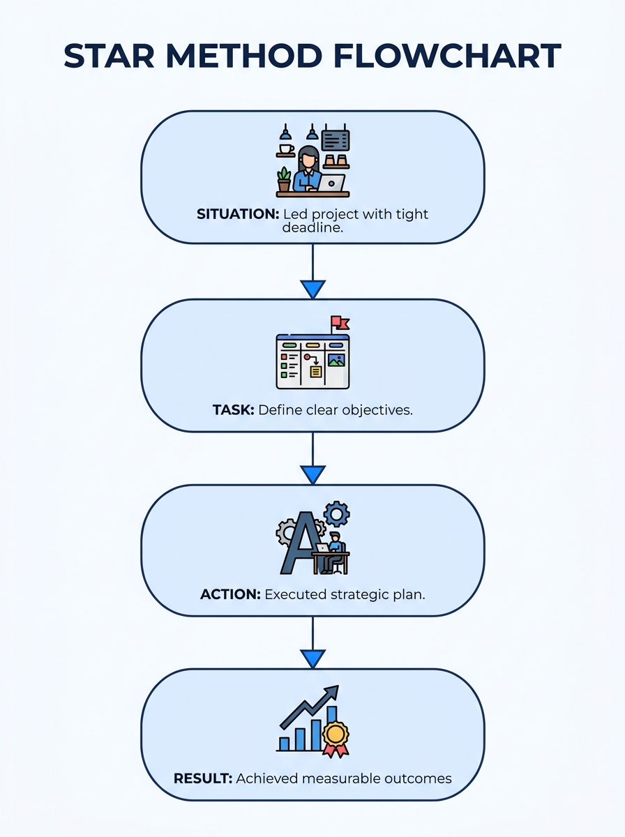 Infographic showing the four components of the STAR method (Situation, Task, Action, Result) arranged as a vertical flowchart, with a brief one-sentence example for each component and arrows connectin