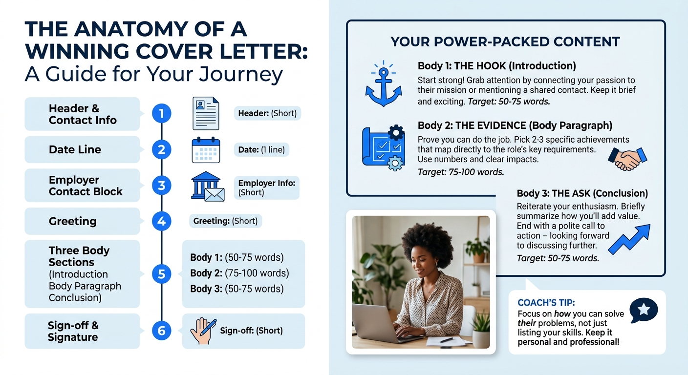 An infographic showing the six-part architecture of a cover letter template, header with contact info, date line, employer contact block, greeting, three body sections, and sign-off, with word count t