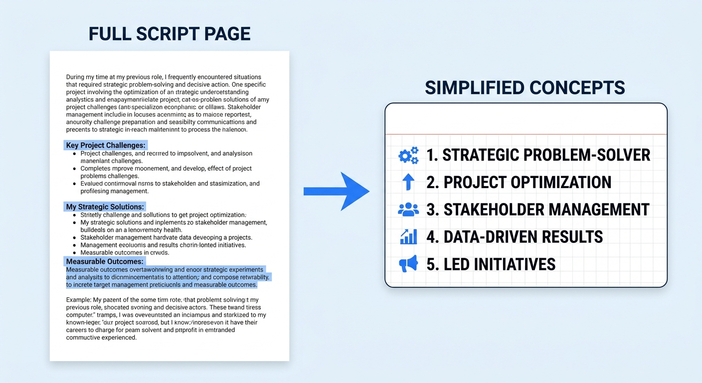 A comparison showing a full script page on the left (dense text, highlighted sections) versus a single index card on the right with five short keyword phrases in large text, with an arrow showing the