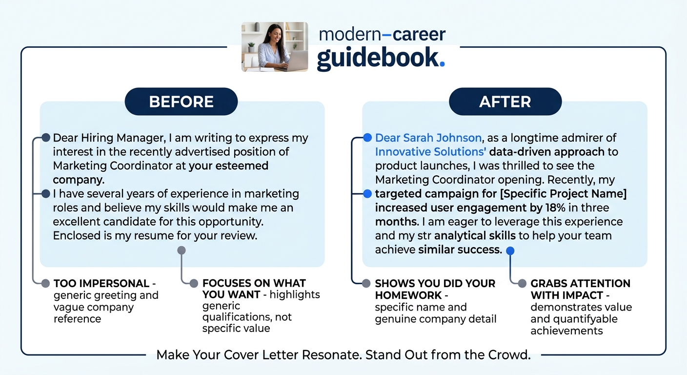 A side-by-side comparison showing a weak generic cover letter opening paragraph on the left labeled "Before" and a strong personalized opening paragraph on the right labeled "After," with callout anno