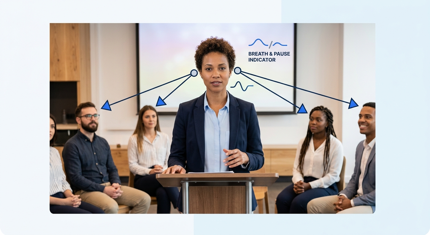 A calm speaker at a podium making eye contact with a small audience, with visual overlay arrows showing eye contact rotation between three different audience members and a breath-and-pause indicator