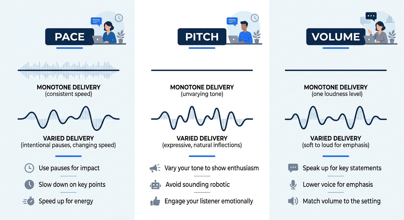 An infographic showing three audio waveform visualizations side by side labeled Pace, Pitch, and Volume, each showing the contrast between monotone delivery (flat line) and varied delivery (dynamic wa