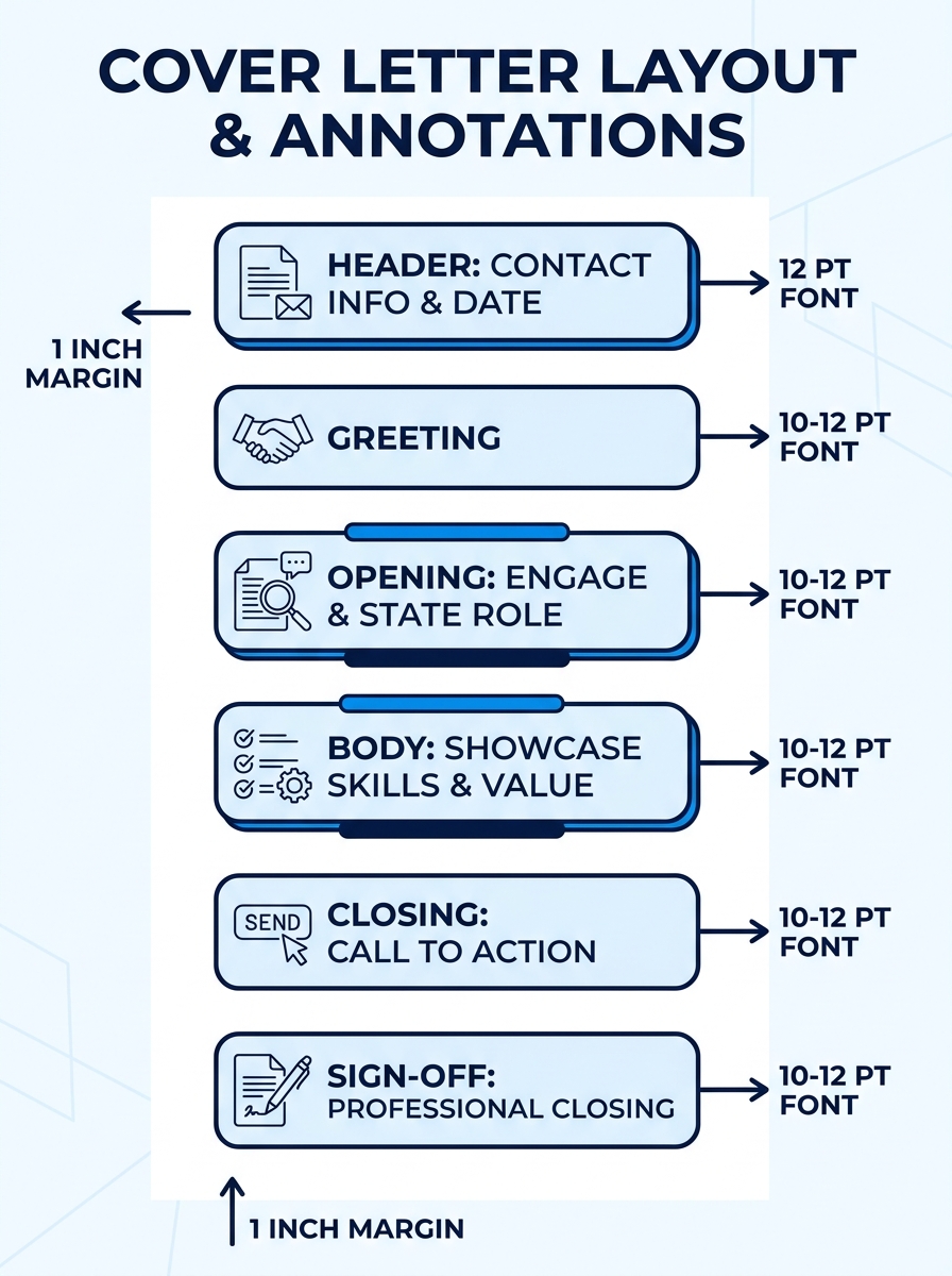 Infographic showing the six sections of a cover letter layout in a single-column format, header at top, greeting, opening paragraph, body paragraph, closing call to action, and professional sign-off,