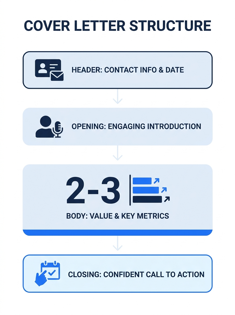 infographic showing the four-part cover letter structure, header with contact info, opening paragraph, body paragraph with metrics, and closing paragraph with call to action, arranged vertically with
