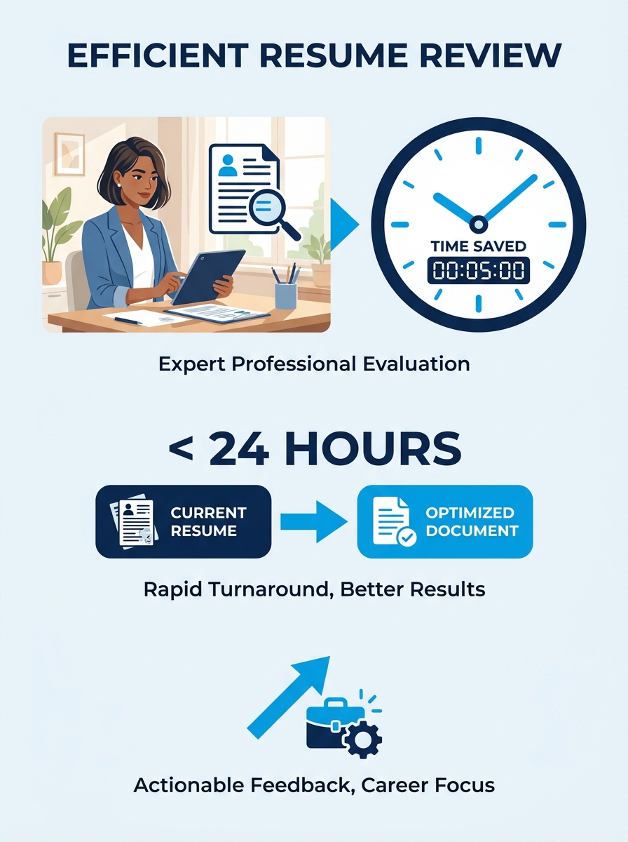 Professional reviewing resume document with clock showing time efficiency concept
