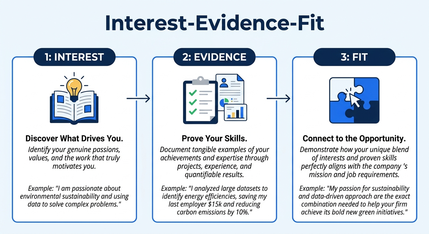 An infographic showing the Interest-Evidence-Fit framework as three connected steps, each with a brief definition and a one-sentence example, flowing left to right with arrows between them