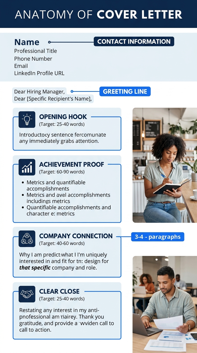 An infographic showing the anatomy of a complete cover letter with labeled sections from top to bottom: header with contact info, greeting line, four paragraph blocks labeled Opening Hook, Achievement